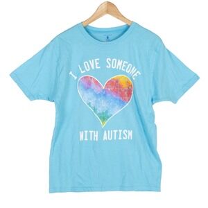 Autism Speaks Graphic Tee Shirt Adult Size Small Blue Multicolor Heart Cotton